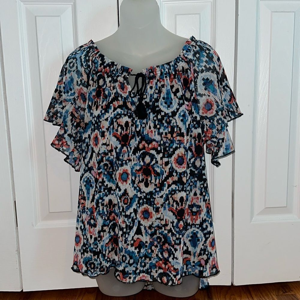 Joie De Vivre Sheer Over Black Pattern Blouse Top Shirt Orange Blue Small S NWT